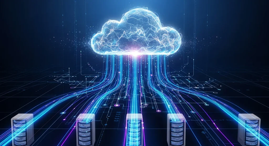 A cloud linked to data streams and servers, representing business connectivity