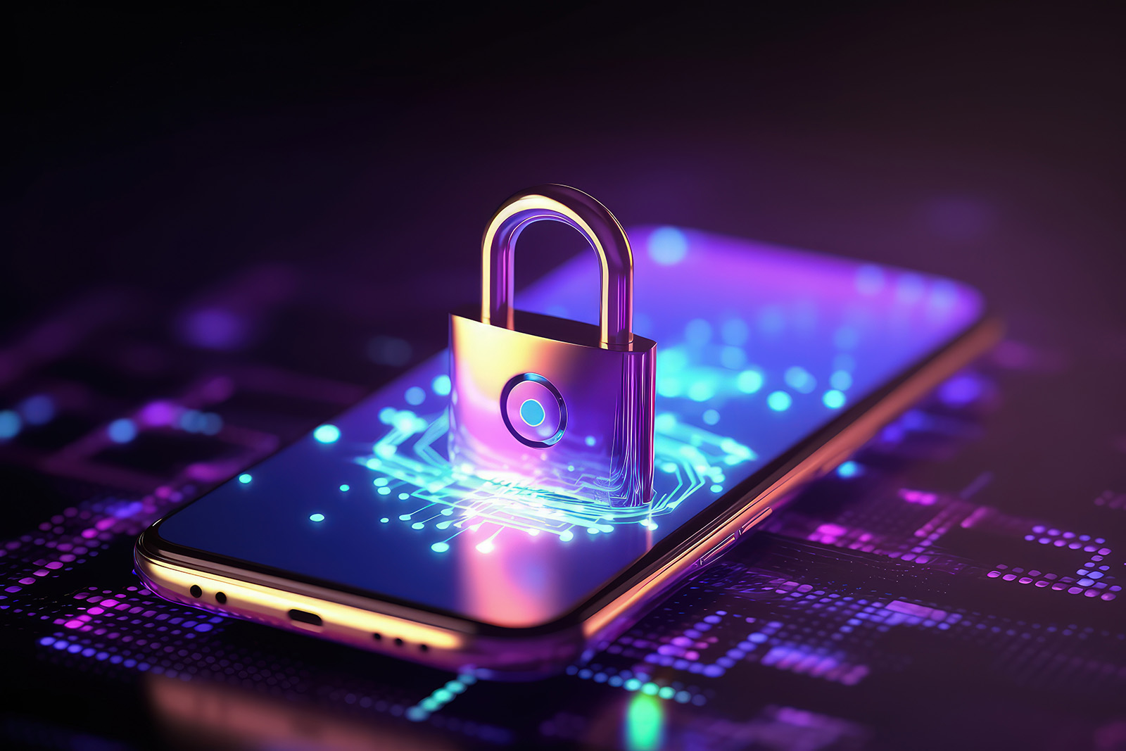 A digital padlock above a smartphone, representing mobile security