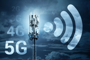A mobile network mast broadcasting a signal, labelled 2G, 3G, 4G and 5G